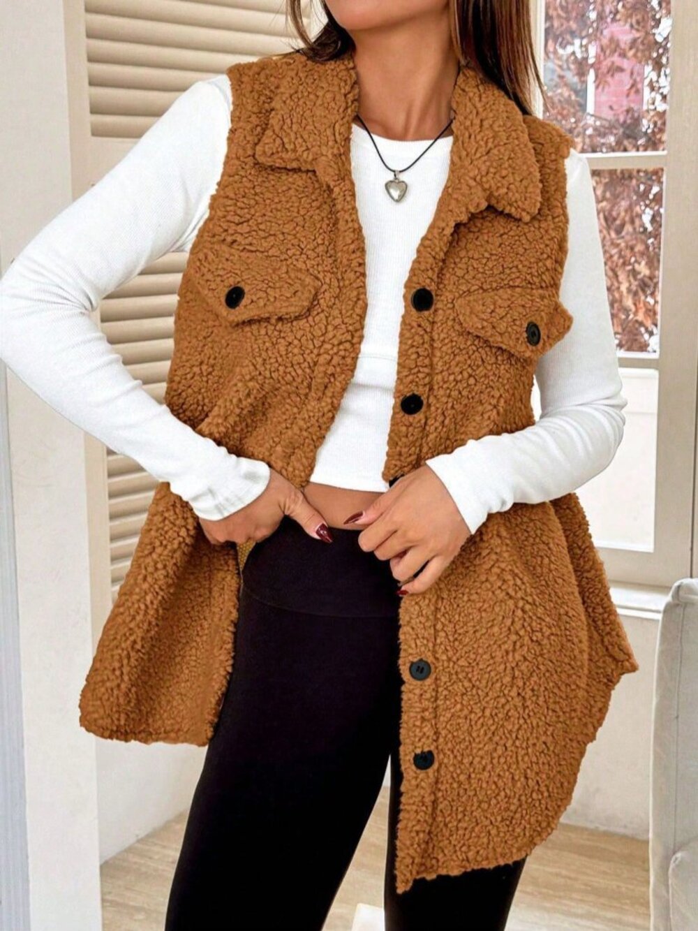 Khaki Casual Women's Long Teddy Vest